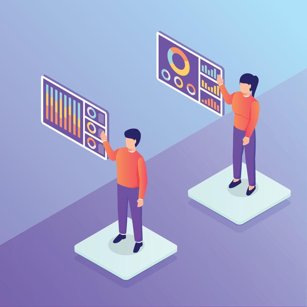 data presentation with graph and chart with man and woman access digital futuristic data for modern isometric style vector