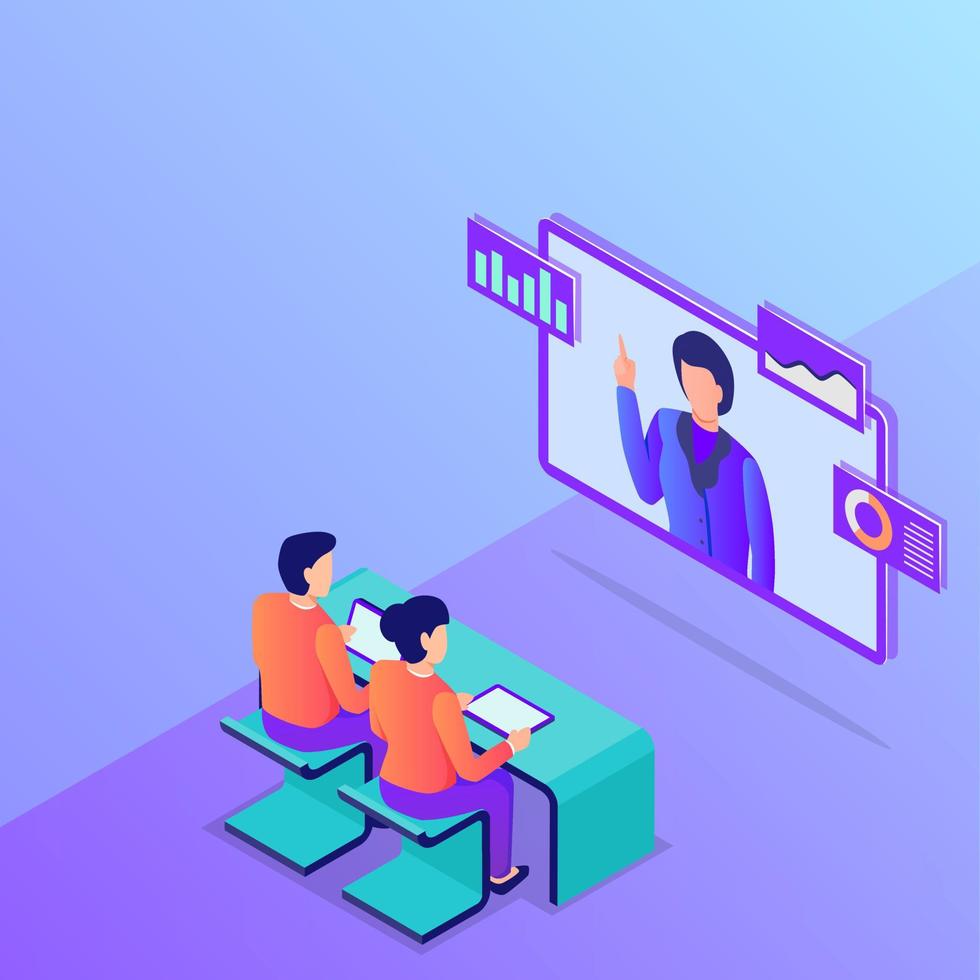 online conference business meeting concept with people watch tv monitor with isometric flat style vector