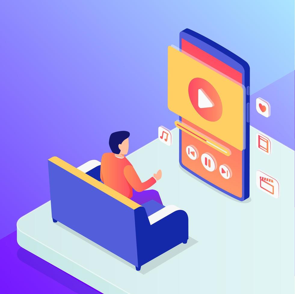 home entertainment with smartphone with man sit on sofa watching online video vector