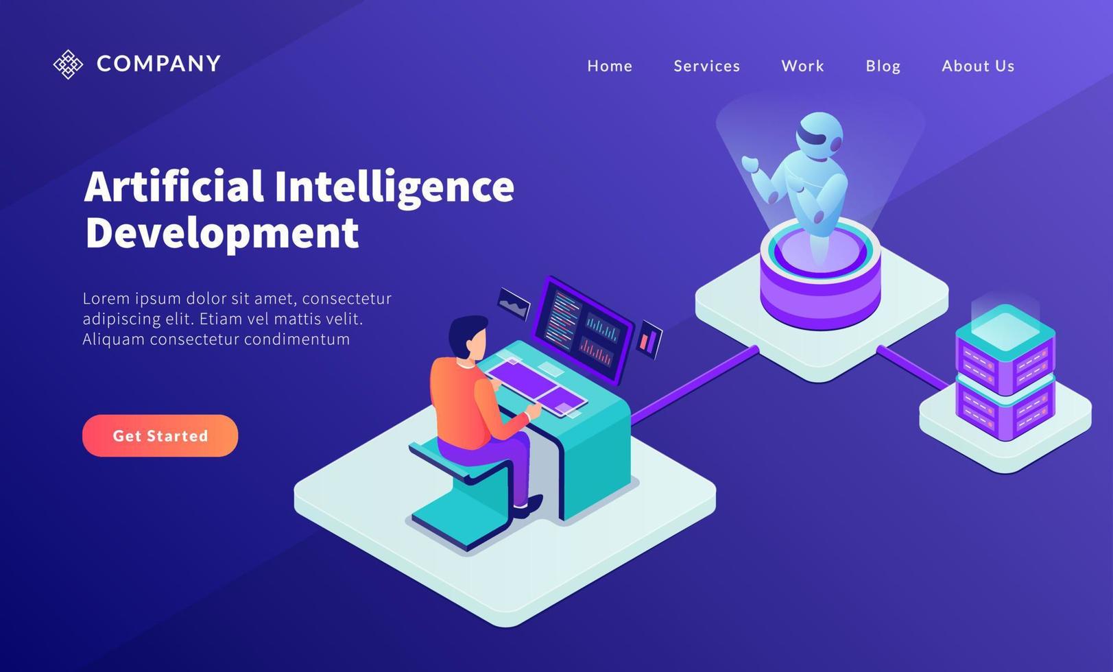 ai artificial intelligence development concept with programmer develop robot for website template or landing homepage vector