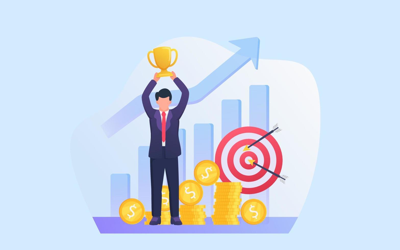 business success concept with businessman lifting trophy with target goals and money as background vector