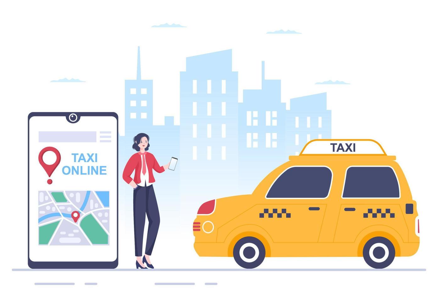 servicio de viaje de reserva de taxi en línea ilustración de diseño plano a través de la aplicación móvil en el teléfono inteligente llevar a alguien a un destino adecuado para el fondo, póster o pancarta vector