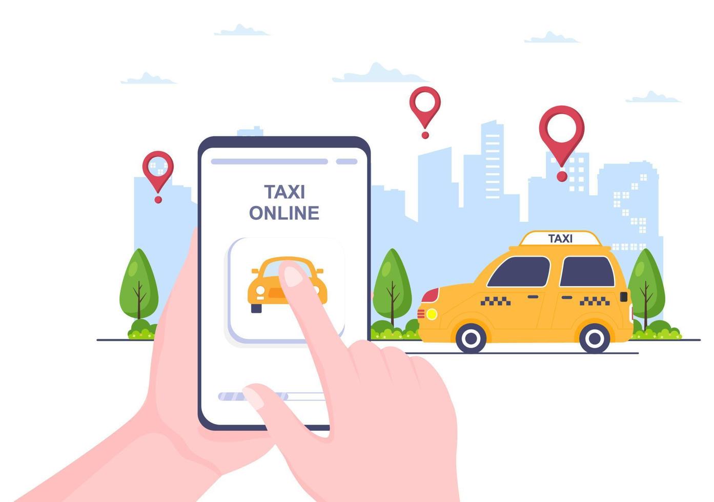 servicio de viaje de reserva de taxi en línea ilustración de diseño plano a través de la aplicación móvil en el teléfono inteligente llevar a alguien a un destino adecuado para el fondo, póster o pancarta vector