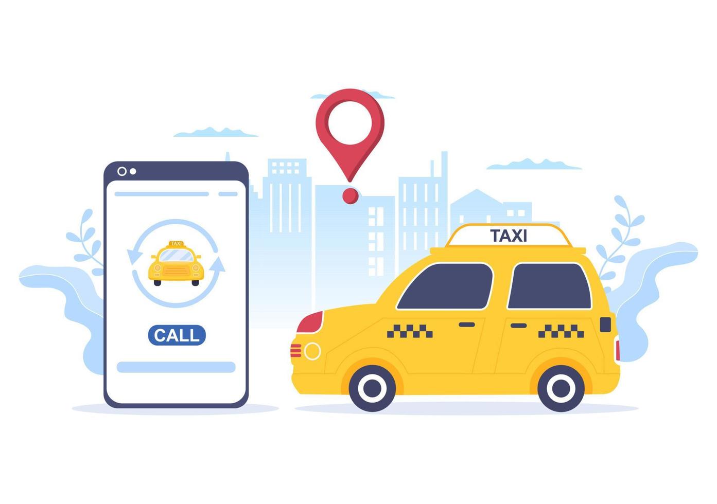 servicio de viaje de reserva de taxi en línea ilustración de diseño plano a través de la aplicación móvil en el teléfono inteligente llevar a alguien a un destino adecuado para el fondo, póster o pancarta vector