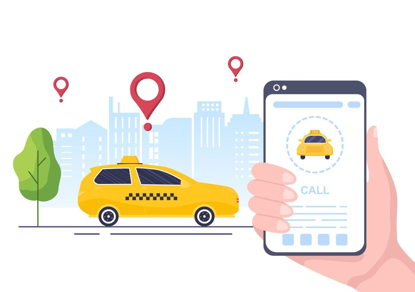 servicio de viaje de reserva de taxi en línea ilustración de diseño plano a través de la aplicación móvil en el teléfono inteligente llevar a alguien a un destino adecuado para el fondo, póster o pancarta vector