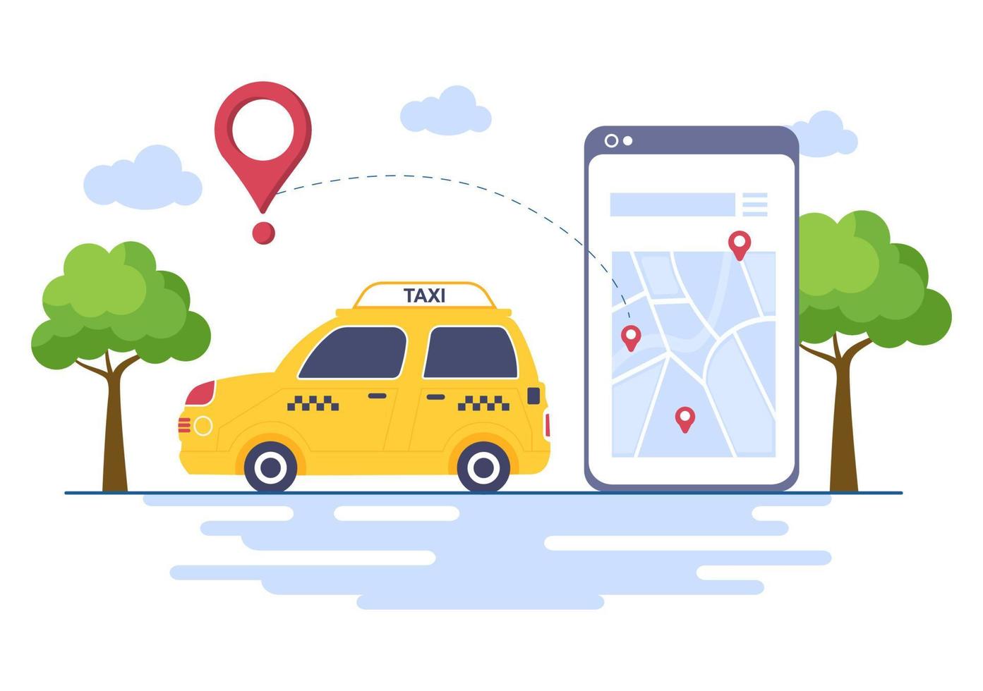 Online Taxi Booking Travel Service Flat Design Illustration via Mobile App on Smartphone Take Someone to a Destination Suitable for Background, Poster or Banner vector