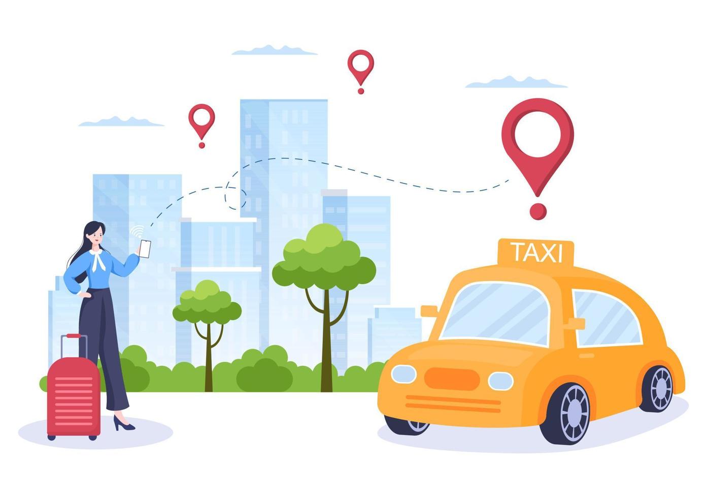 servicio de viaje de reserva de taxi en línea ilustración de diseño plano a través de la aplicación móvil en el teléfono inteligente llevar a alguien a un destino adecuado para el fondo, póster o pancarta vector