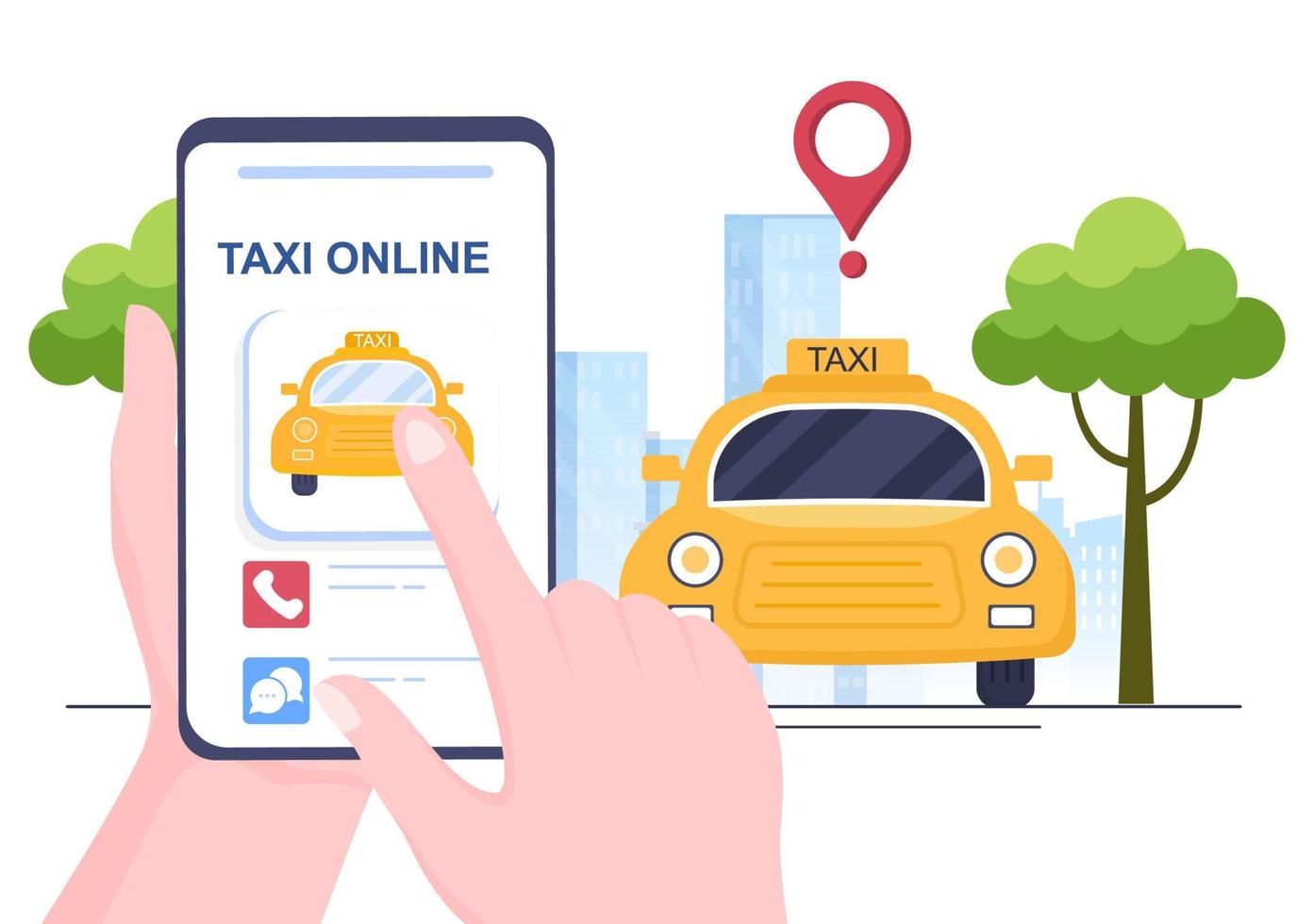 Online Taxi Booking Travel Service Flat Design Illustration via Mobile App on Smartphone Take Someone to a Destination Suitable for Background, Poster or Banner vector