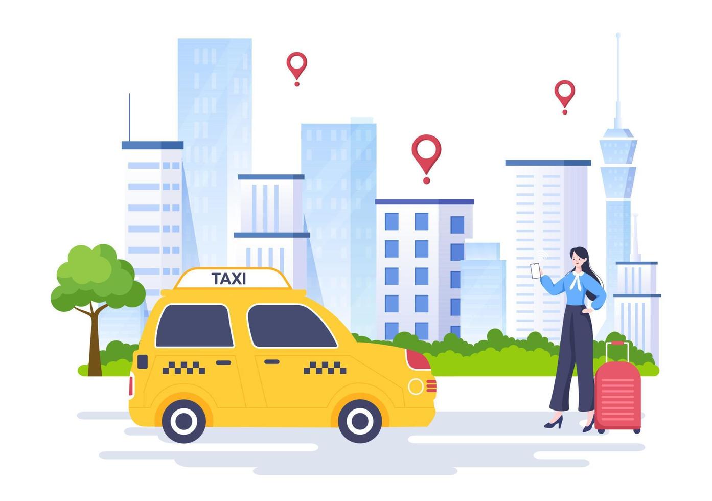 Online Taxi Booking Travel Service Flat Design Illustration via Mobile App on Smartphone Take Someone to a Destination Suitable for Background, Poster or Banner vector