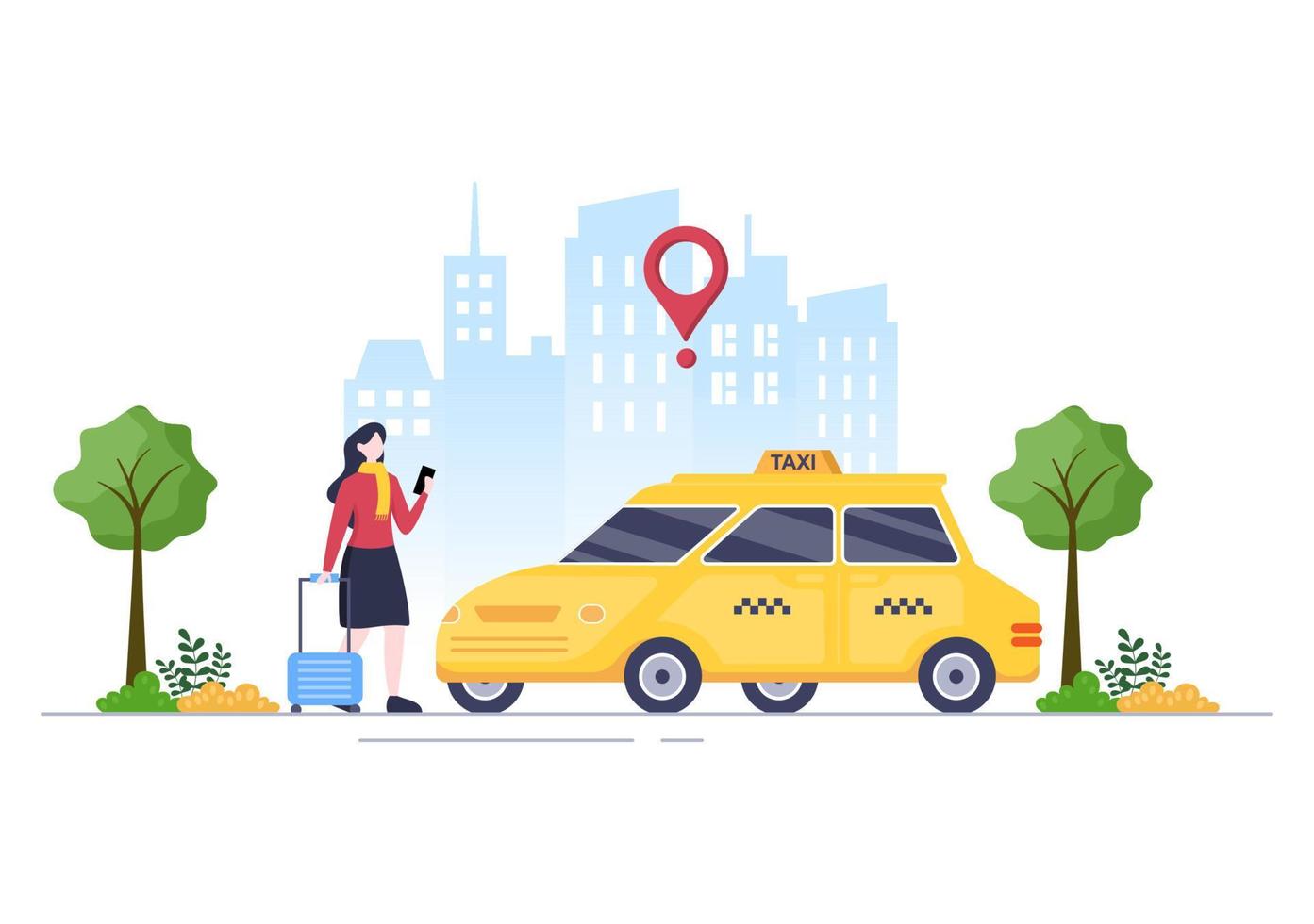 servicio de viaje de reserva de taxi en línea ilustración de diseño plano a través de la aplicación móvil en el teléfono inteligente llevar a alguien a un destino adecuado para el fondo, póster o pancarta vector