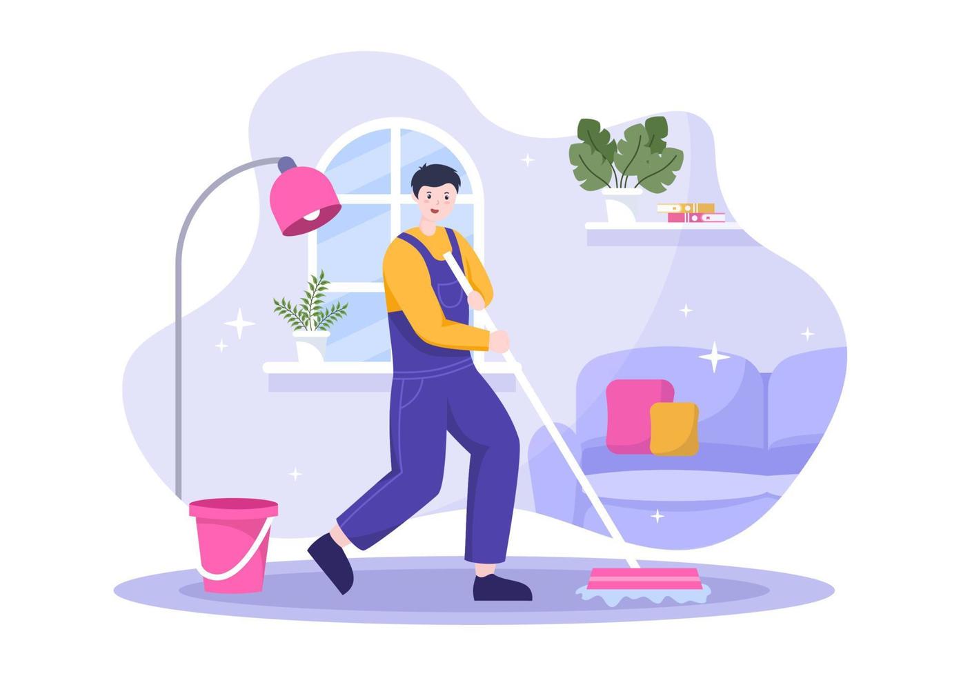 Cleaning Service flat Design Illustration. People Vacuum, Wipe the Dust and Sweeping Floor in the House for Background, Banner or Poster vector