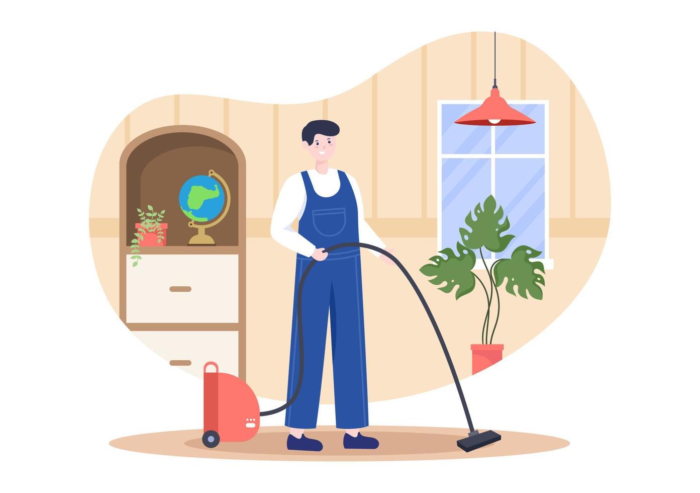 Ilustración de diseño plano de servicio de limpieza. las personas aspiran, limpian el polvo y barren el piso de la casa como fondo, pancarta o póster vector