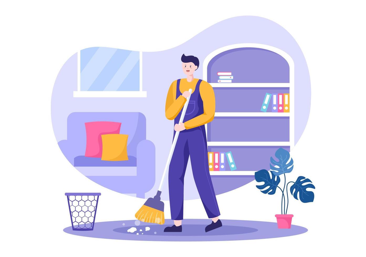 Cleaning Service flat Design Illustration. People Vacuum, Wipe the Dust and Sweeping Floor in the House for Background, Banner or Poster vector