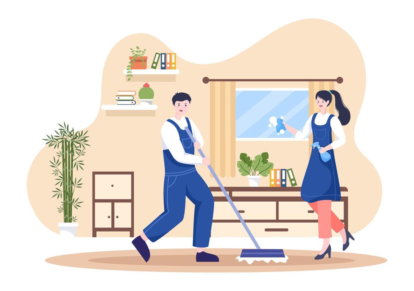 Cleaning Service flat Design Illustration. People Vacuum, Wipe the Dust and Sweeping Floor in the House for Background, Banner or Poster vector