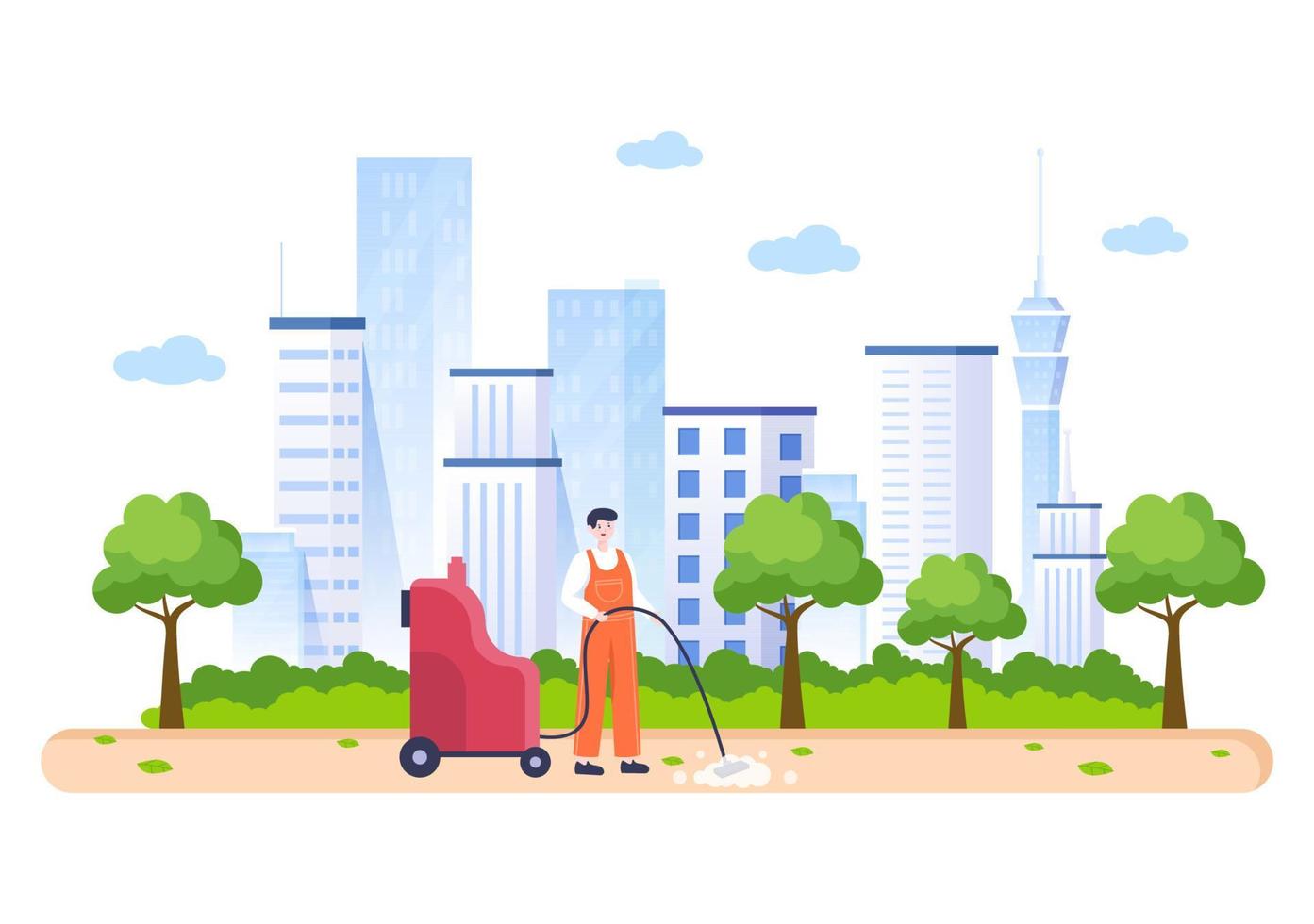 Cleaning Service flat Design Illustration. People Sweeping and Clean in the Road from Leaves with Broom for Background, Banner or Poster vector