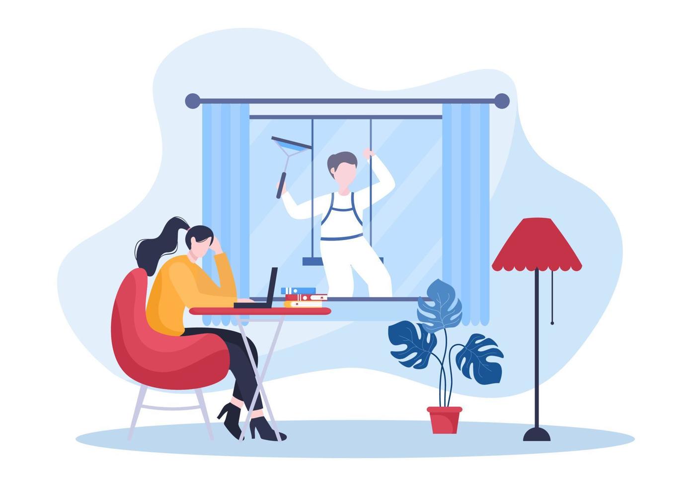Cleaning Service Company flat Design Illustration. People Clean Wall Windows or Sweeping the Whole Room with a tool for Background, Banner and Poster vector
