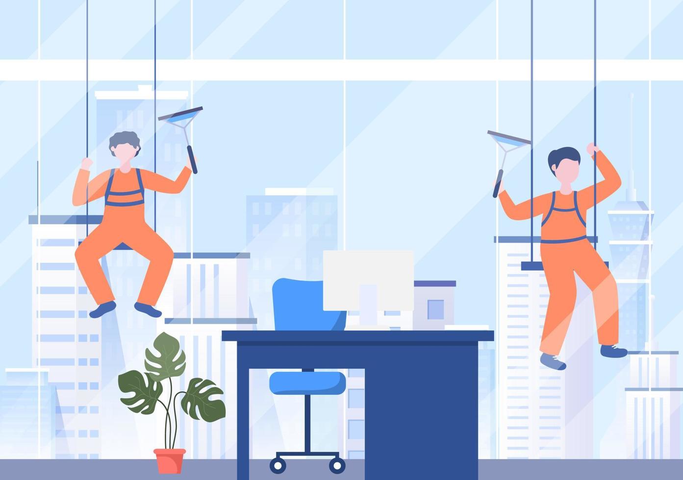 Cleaning Service Company flat Design Illustration. People Clean Wall Windows or Sweeping the Whole Room with a tool for Background, Banner and Poster vector