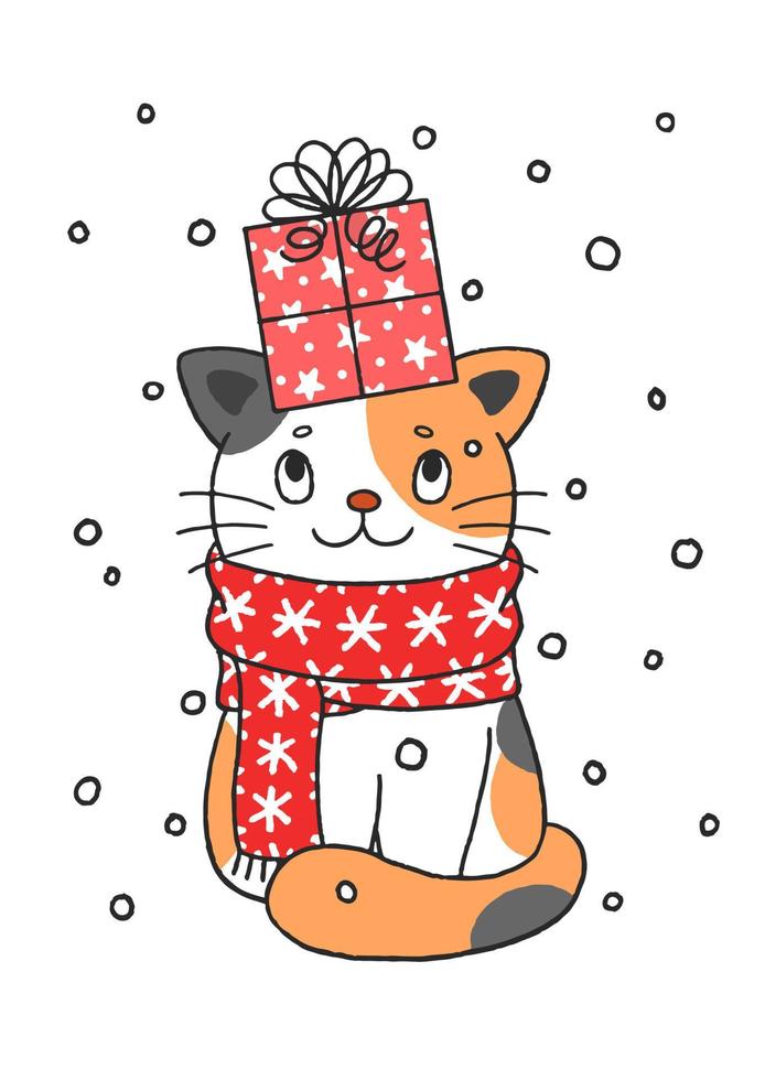 lindo gatito de navidad dibujado a mano con caja presente vector