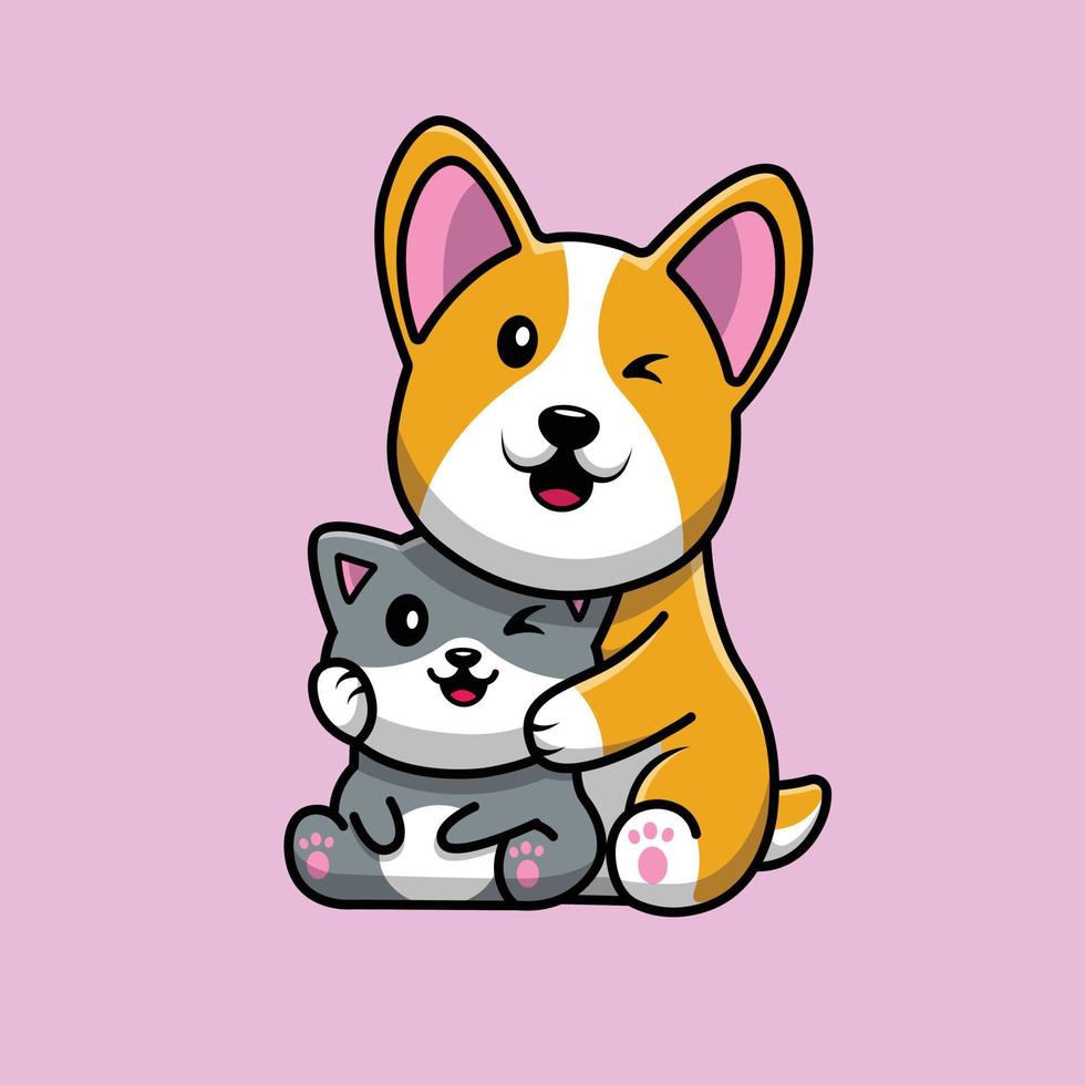 lindo, corgi, perro, abrazar, gato vector