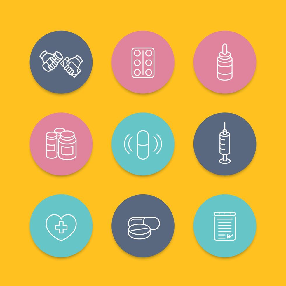 medicine, drugs, pills, pharmaceutics line icons, round flat set, vector illustration