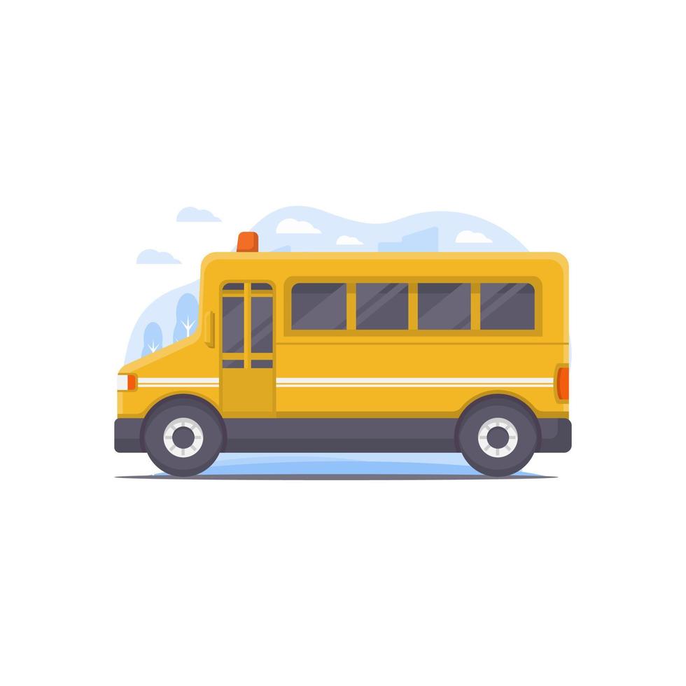 vector illustration of a school bus decorated with city scenery illustration elements as a background in the theme of public transportation illustration for schools