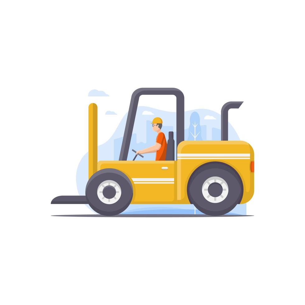 forklift vector illustration and illustration of a person operating a forklift car decorated with city scenery illustration elements as a background for a forklift car illustration object