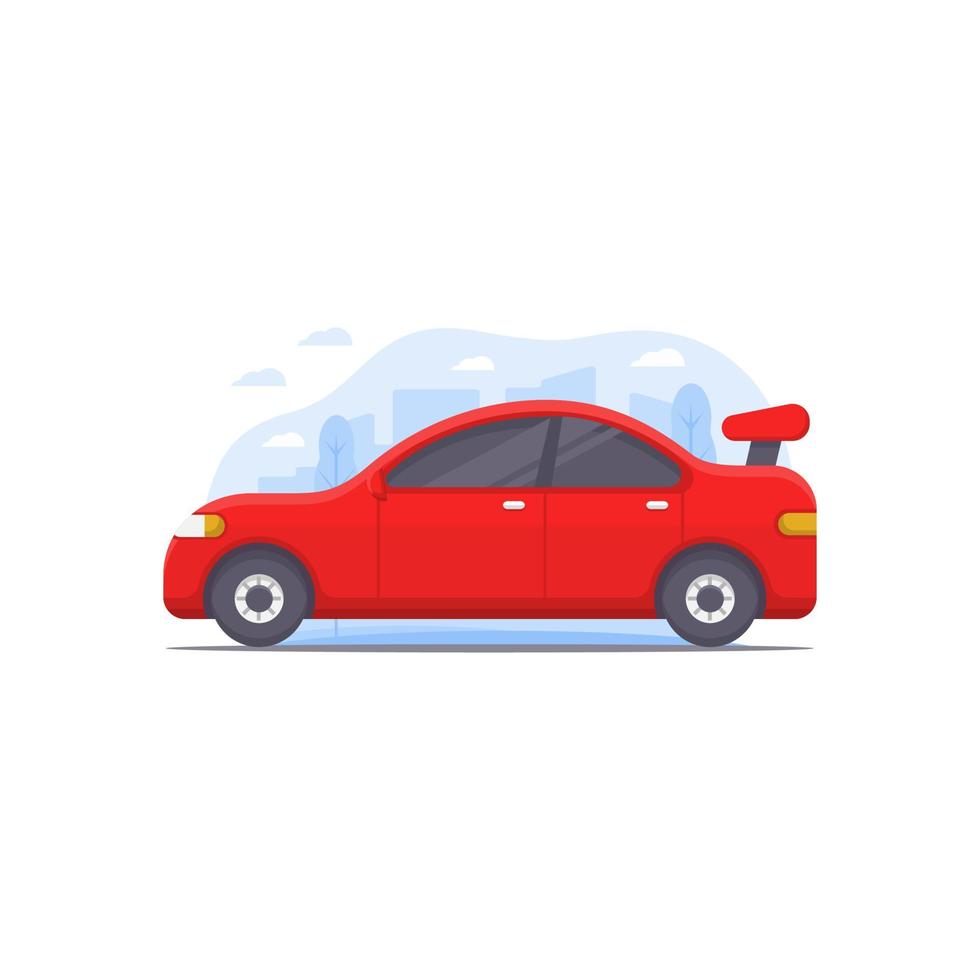 coche de ilustración vectorial decorado en rojo y elementos de ilustración de paisaje de la ciudad como fondo en el tema de ilustración de coche de carreras vector