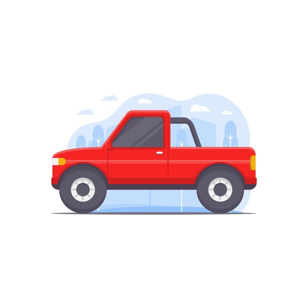 pickup car vector illustration designed in red and decorated with city scenery illustration elements as an adventure car illustration object background