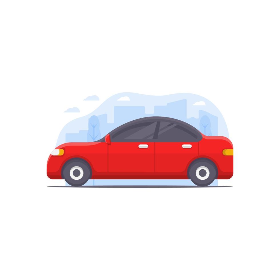 vector illustration of a car designed in red and decorated with city scenery illustration elements as the background in the car vehicle illustration theme