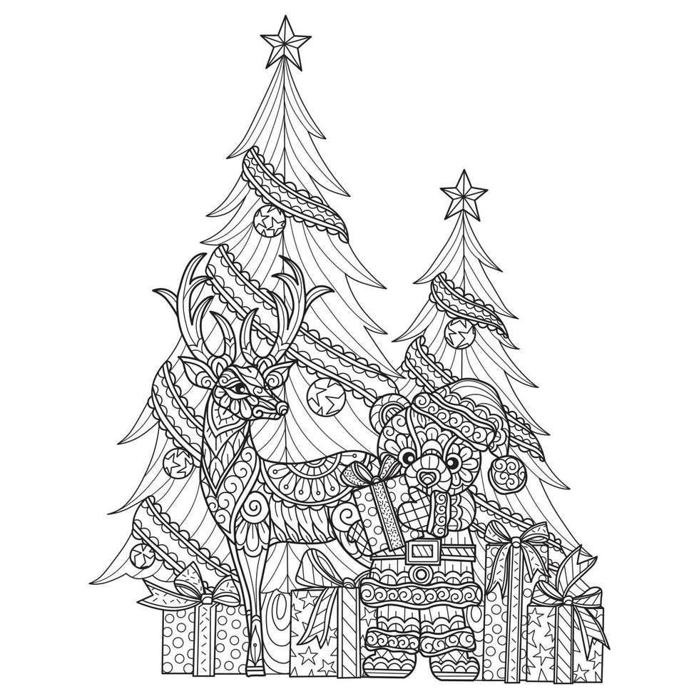Bear and deer at Christmas tree hand drawn for adult coloring book vector