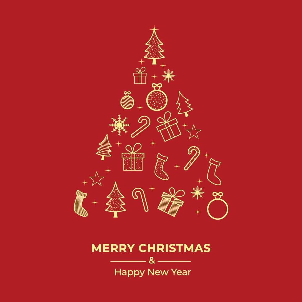 Christmas greeting card design with Christmas tree. Christmas card with golden ornaments. Gift box. Social media banner with the pine tree, candy cane, sock on a red background. Xmas banner, Xmas card vector