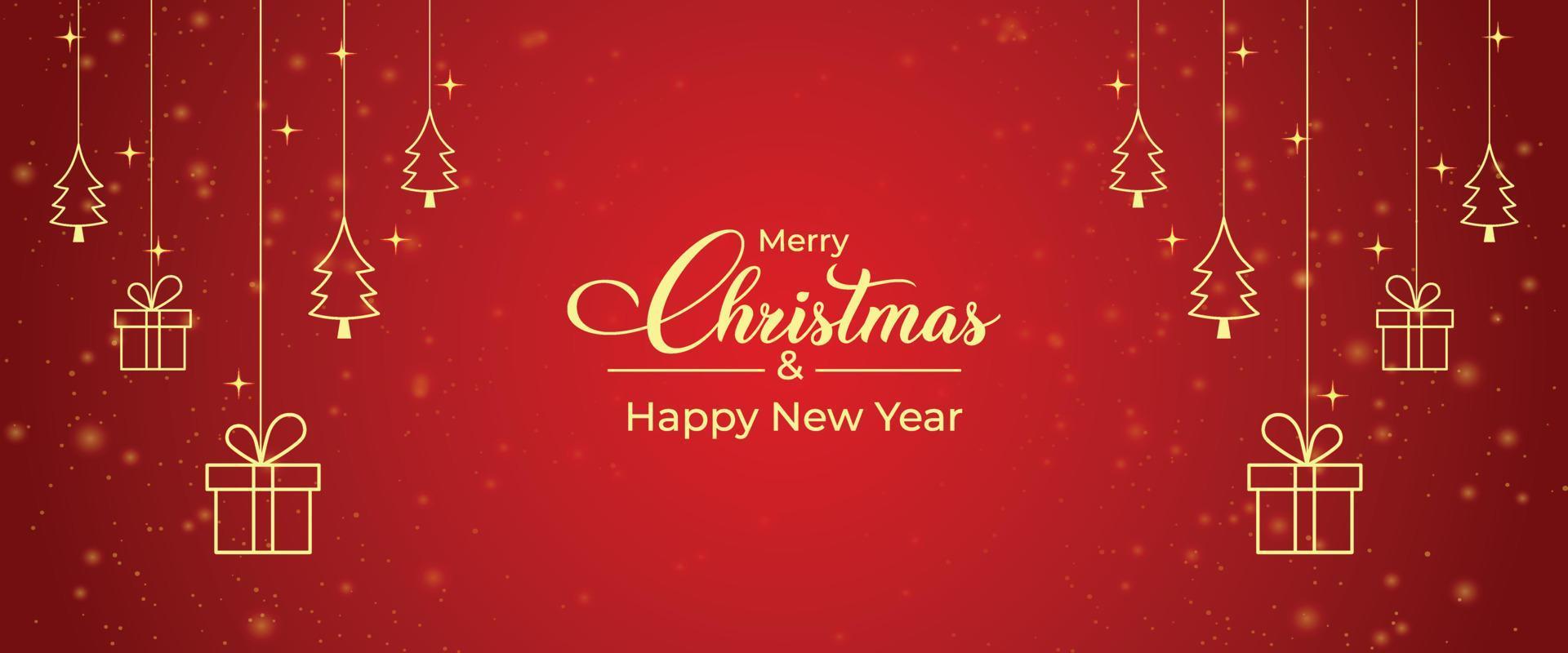 Christmas card with golden gift box, golden pine tree icon. Shiny red background Christmas banner. Christmas gift card with golden icon elements and red background. Xmas Social media post design. vector