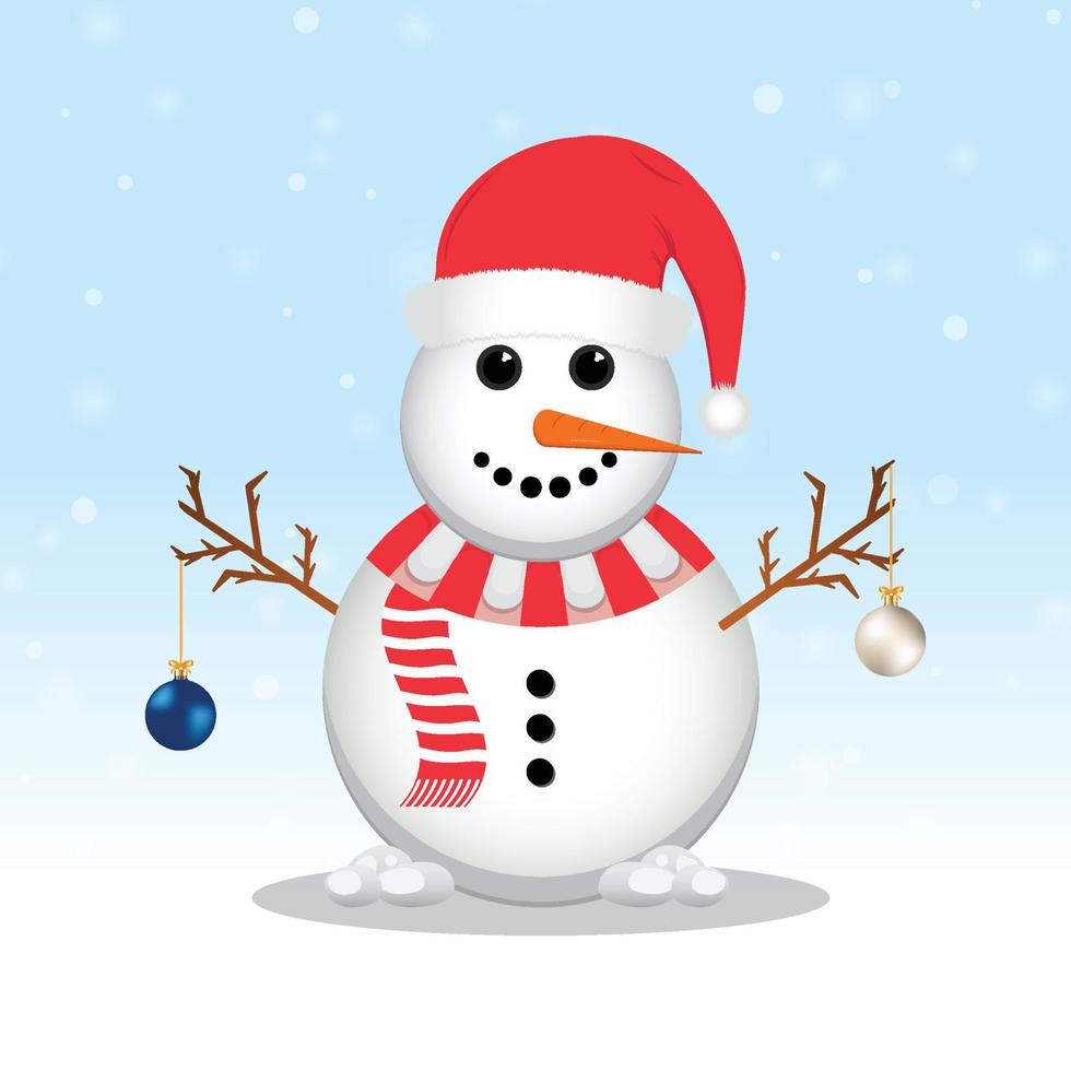Christmas Snowman with a Santa hat. Snow falling background. A Snowman with decoration balls. Christmas element design with blue and white decoration balls, a Santa hat, carrot nose, and snowballs. vector