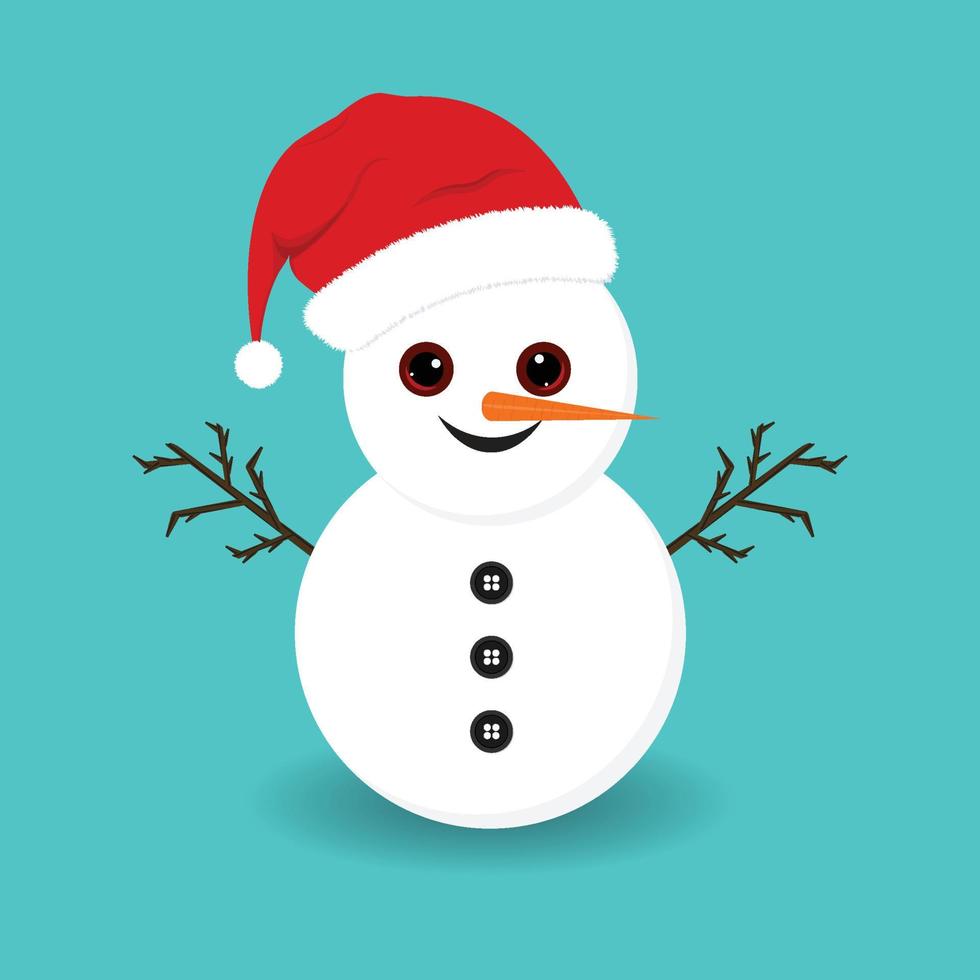 Christmas snowman with cute eyes and carrot nose. Snowman on a blue background. Christmas elements. Christmas cute snowman design with tree branches, buttons, winter hat, and smiling face. vector