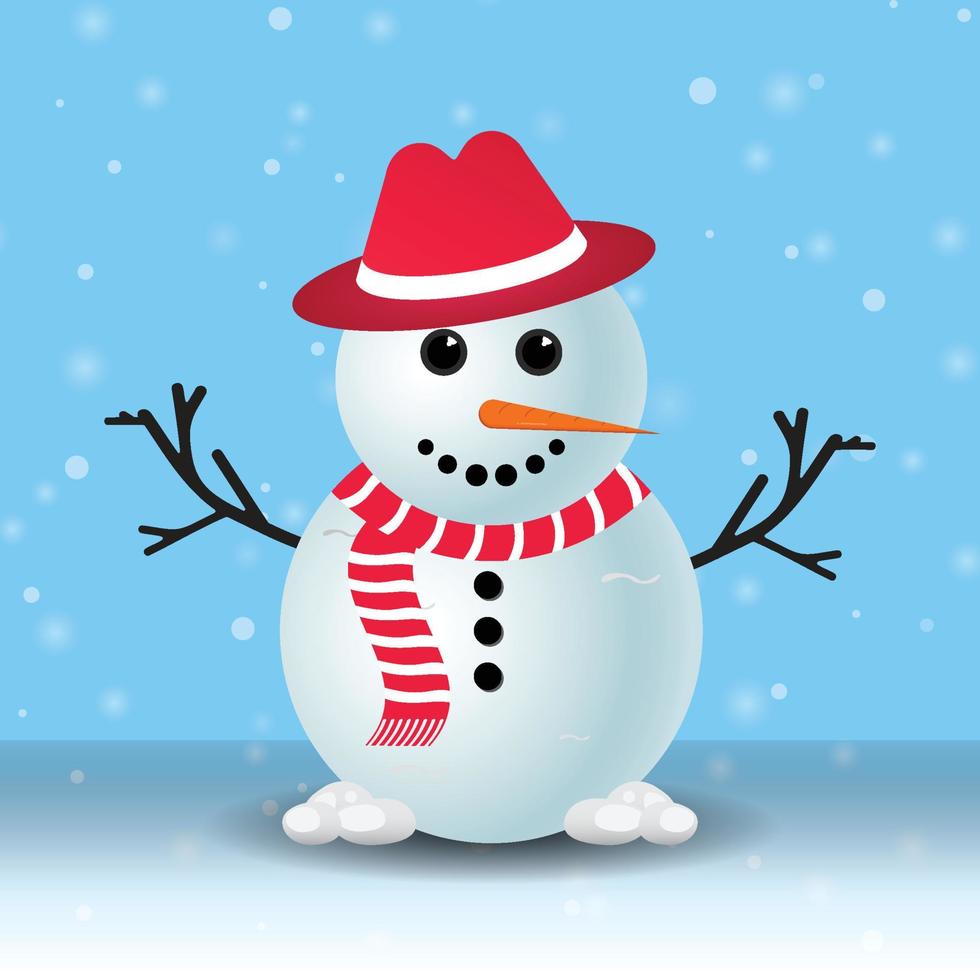 Christmas Snowman with a red hat. Snow falling background with a snowman. A Snowman with a red scarf. Christmas element design with tree branches, a red hat, carrot nose, snowballs, and snowflakes. vector