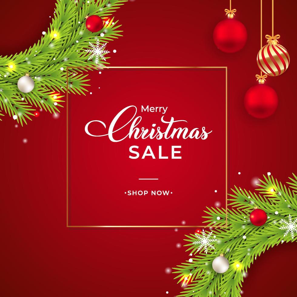 Christmas sales banner with green wreath. Sales banner with wreath, white balls, red balls. Christmas wreath on a red background. Christmas banner template with decorative elements and snowflakes. vector