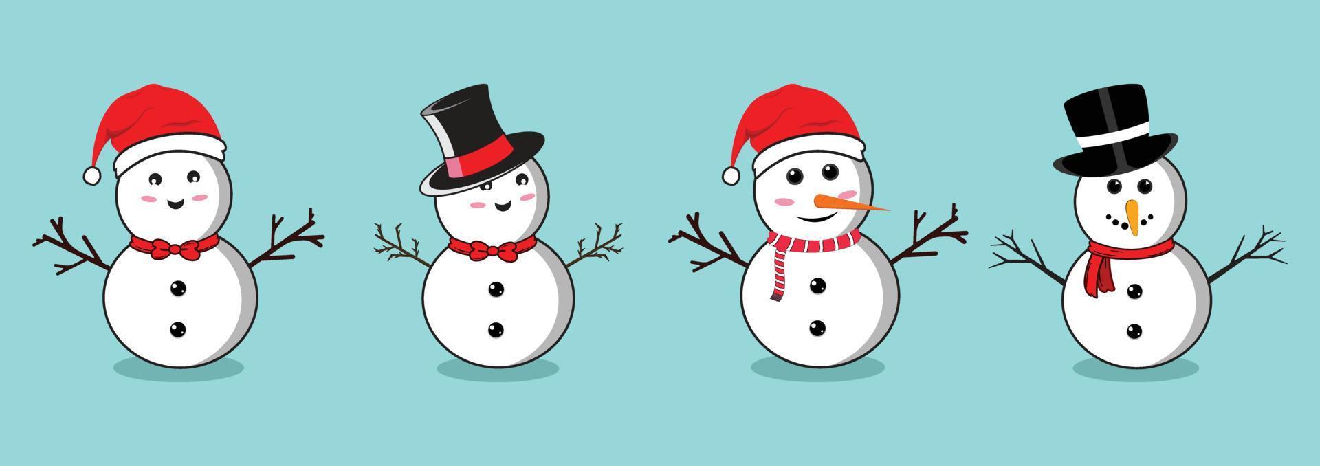 Christmas snowman set with smiling faces and hats. Flat snowman collection on a blue background. Christmas snowman flat design with tree branches, buttons, bow tie, neck scarf, and carrot noses. vector