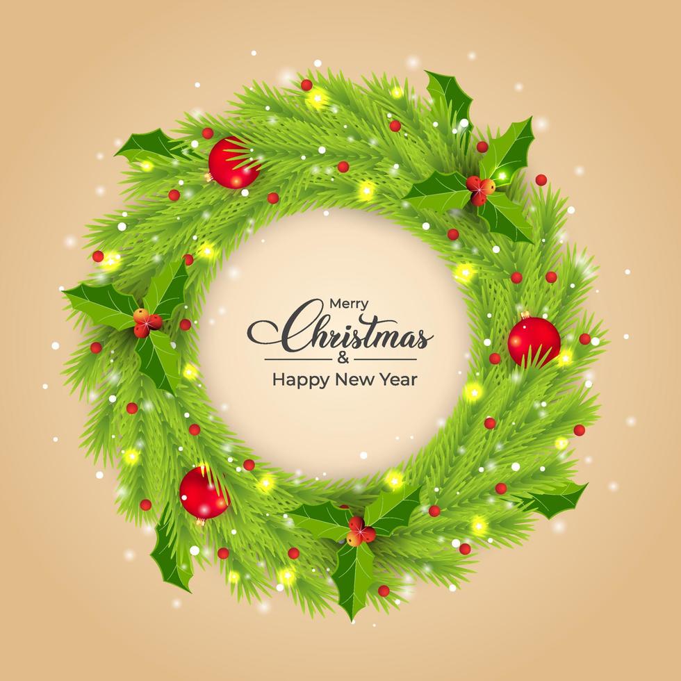 Christmas wreath with red decoration balls. Green wreath with red berries and decoration elements. Christmas element design with a realistic green wreath decorated with lights and red balls. vector
