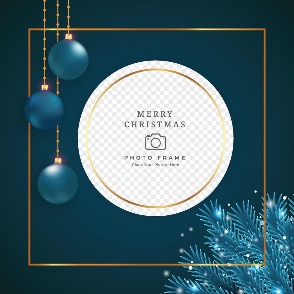 Christmas photo frame elements on a dark background. Photo frame with blue leaf and decoration balls. Holiday photo frame design with snowflakes, blue balls, and pine leaves. vector