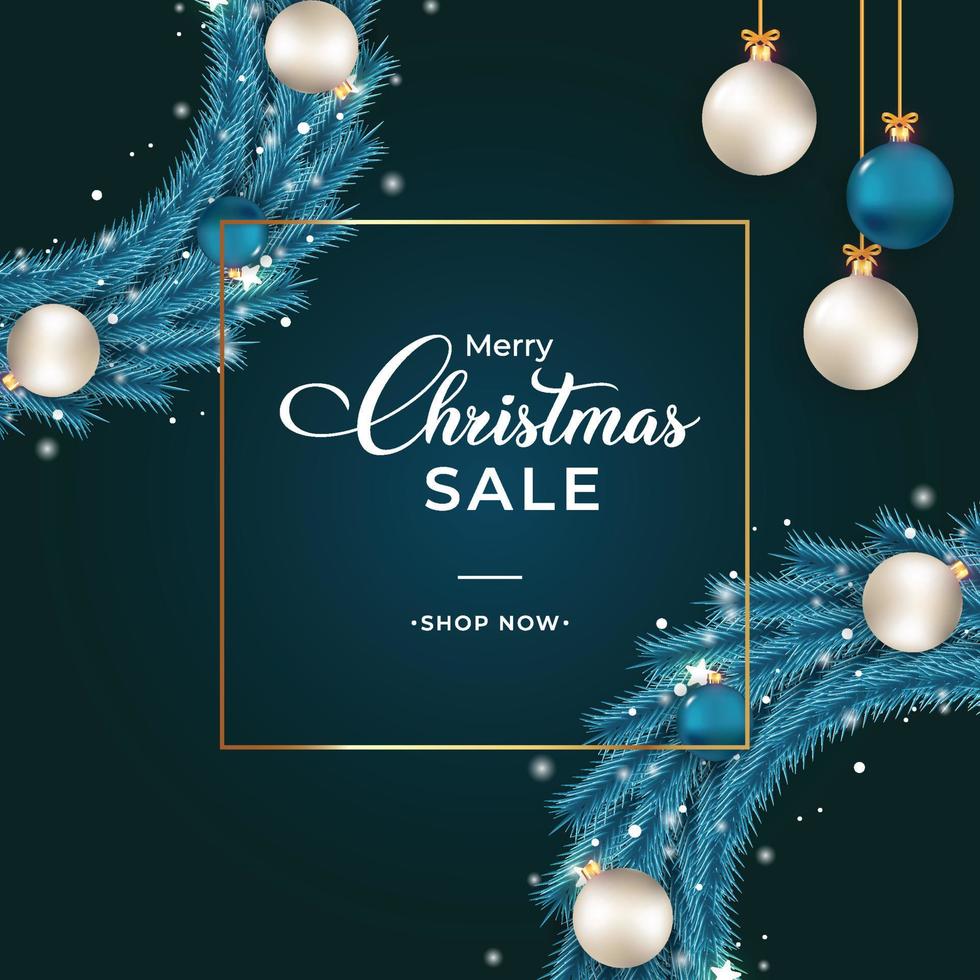 Christmas sales banner with blue wreath. Sales banner with wreath, white balls, blue balls. Christmas wreath on dark background. Christmas banner template with decoration elements. vector