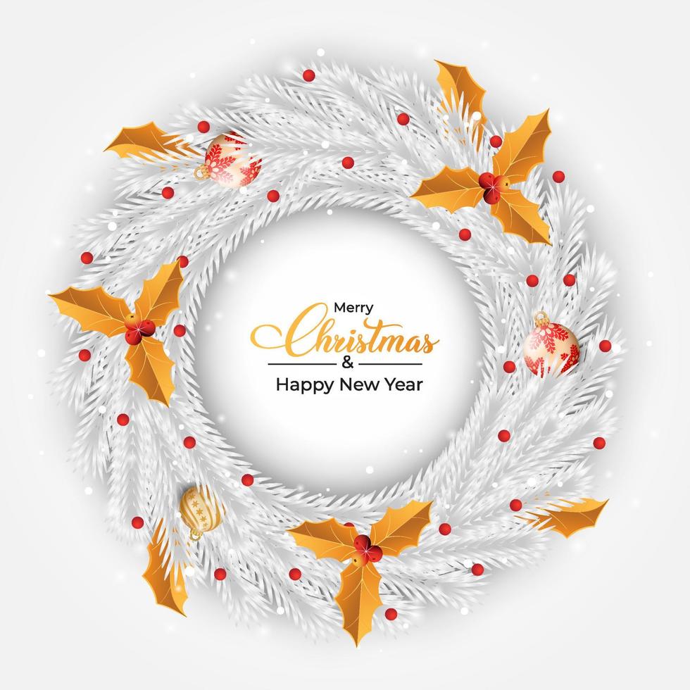 Christmas white wreath design with luxurious red and golden color decorative balls. Snow color wreath design with the 3D balls and golden leaves. Christmas white wreath design with decoration balls. vector