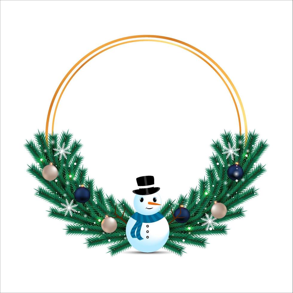 Xmas frame with green leaves and a cute snowman. Christmas frame with blue and white decoration ball. Christmas blue ball, Xmas frame, green leaves, snowflakes, decoration ball, snowman, gray ball. vector