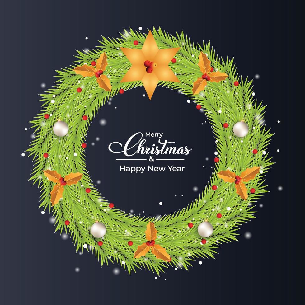 Diseño de corona de Navidad con bolas de luz decorativas blancas. Diseño de corona de color verde con hojas doradas y una estrella. Diseño de corona de Navidad con caligrafía blanca y fondo de color oscuro. vector