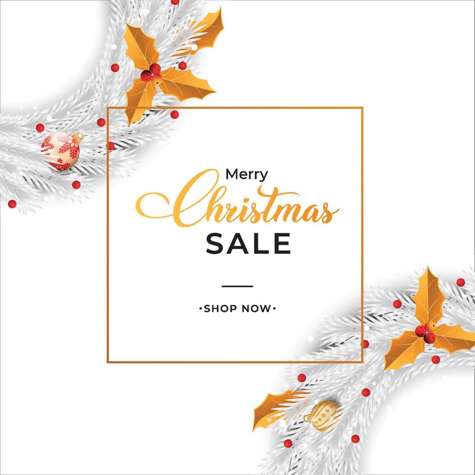 Christmas sale banner design with red and golden color decorative balls. Christmas sale flyer design with golden leaves and white color wreaths. Christmas white background design with calligraphy. vector