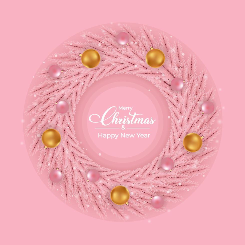 Diseño de corona de Navidad rosa con bolas de luz de decoración rosadas y doradas. Diseño de corona femenina de color rosa con bolas de luz dorada. Diseño de corona de Navidad con caligrafía y fondo de color rosa. vector