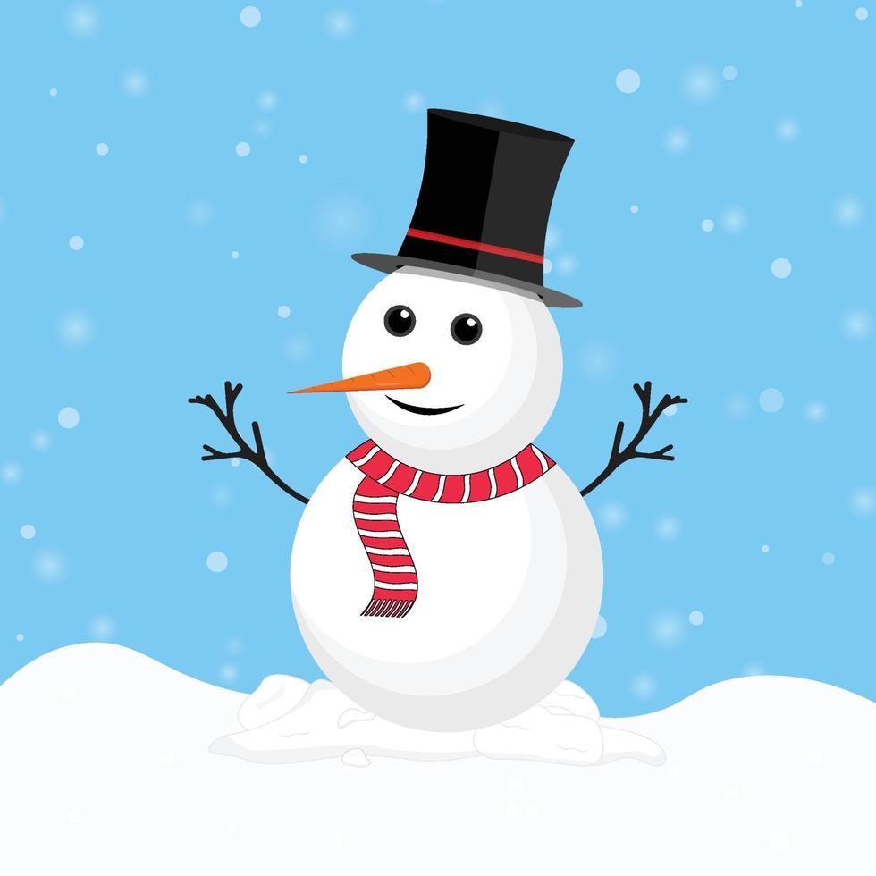 Christmas Snowman with magician hat. Snow falling background with a snowman. Snowman with a red scarf. Christmas element design with tree branch, black hat, carrot nose, and snowflakes. vector