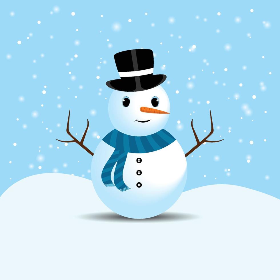 Christmas snowman with cute eyes and a magician hat. A cute snowman on a snow falling background. Christmas snowman design with tree branches, buttons, a carrot nose, neck scarf, and smiling face. vector