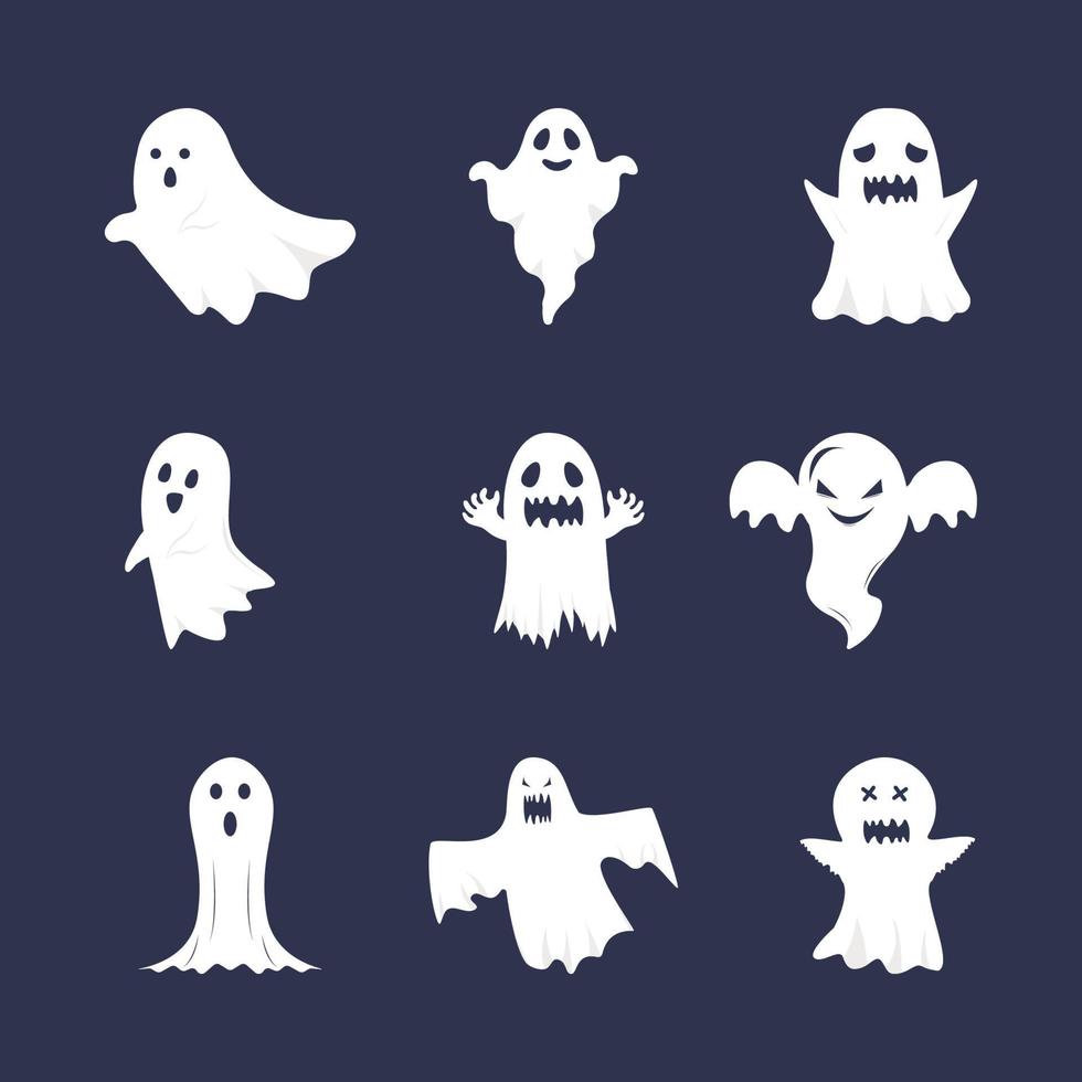 colección de vectores de fantasmas planos de halloween. lindo paquete fantasma. fantasmas blancos sobre fondo oscuro. conjunto de fantasmas lindos de halloween. diseño plano de fantasmas de halloween.