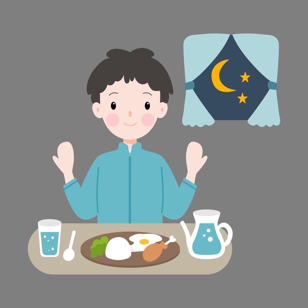 cute boy muslim sahoor or iftar illustration vector