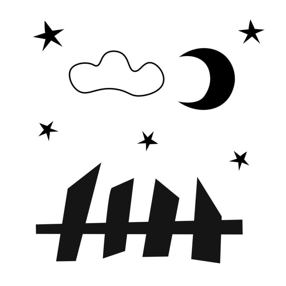 Fence, moon, clouds, stars on a white background. Doodle illustration for printing, greeting cards, posters, stickers, textile and seasonal design. vector